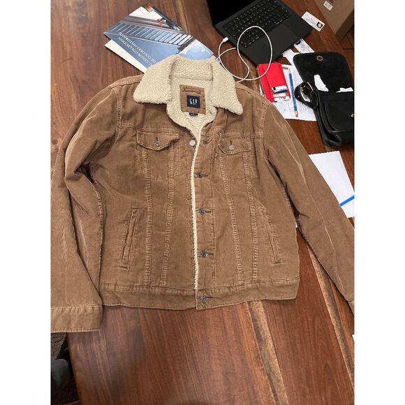 VTG 2004 GAP Corduroy Sherpa Trucker Jacket Camel Tan Lined Coat SZ L - Picture 9 of 9